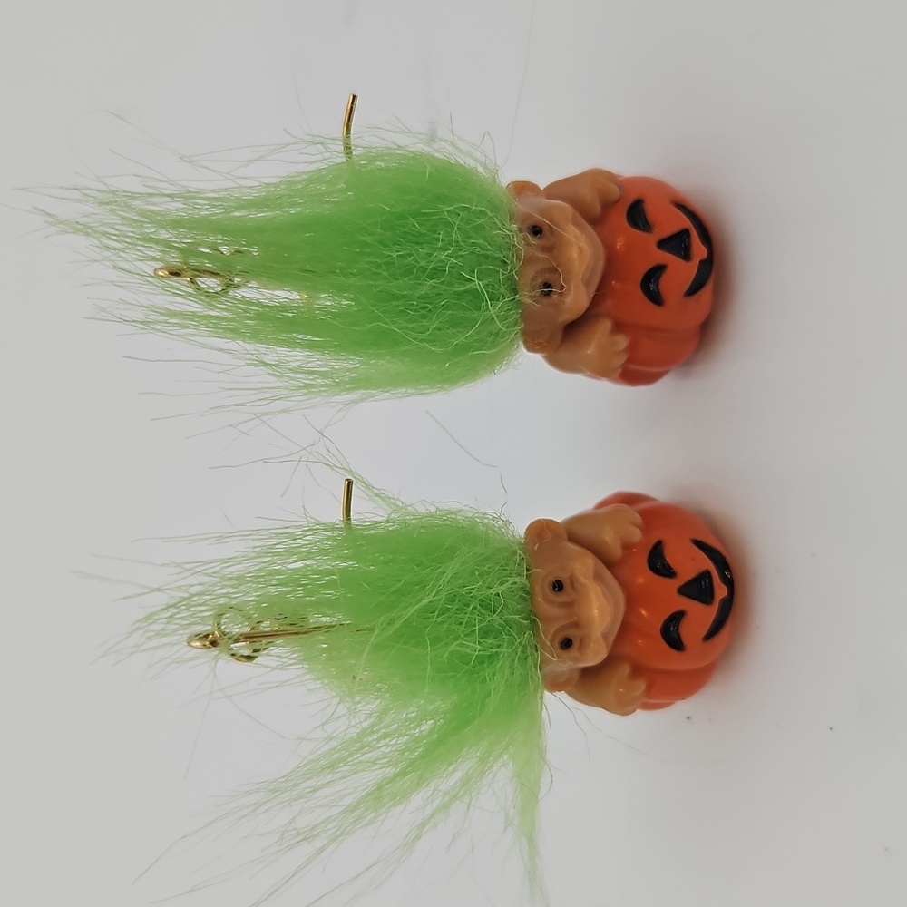 Halloween Troll Doll Earrings with Green Hair Vintage Pumpkins
